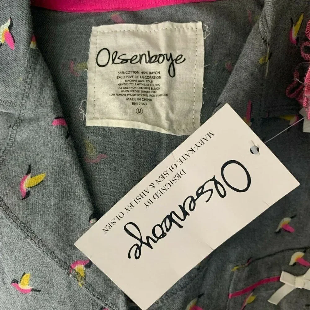 Olsenboyle Bird Print Sleep Shirt M Grey Button Front Pocket Long Sleeve Pajama